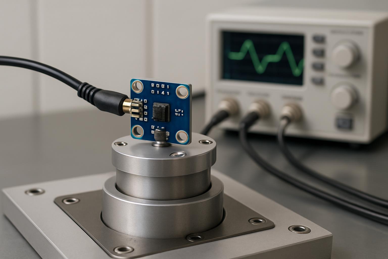 The image shows a small, square microchip with a black cord plugged into it, placed on top of a silver cylindrical device....