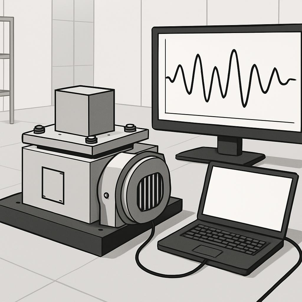 Gray-scale illustration of a signal processing system, featuring a USB connection, display, amplifier, and panel with vert...